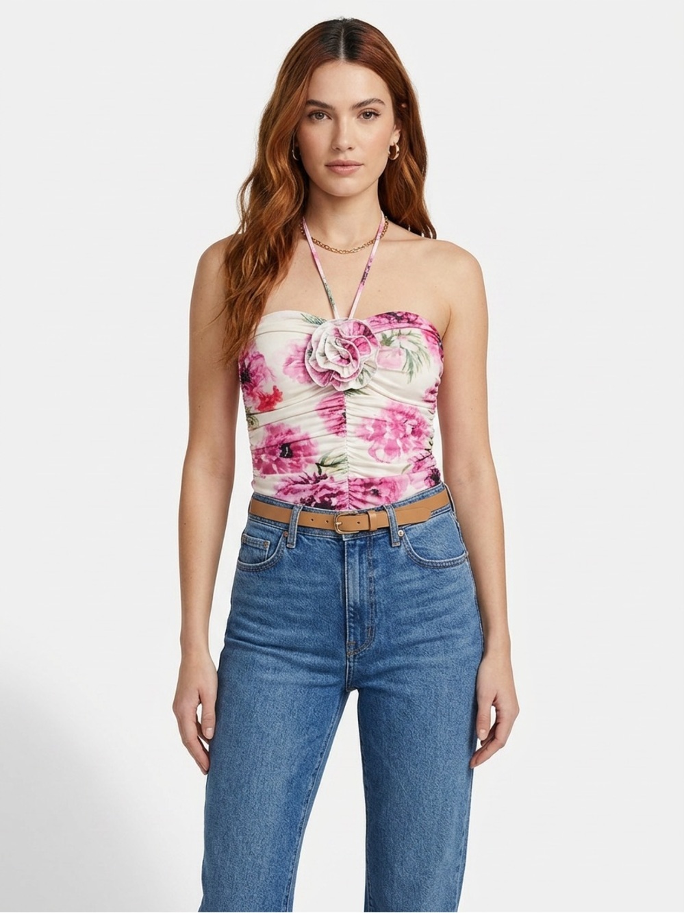 NWT Express Halter Neck Style sleeveless Pink Floral Bodysuit Blush Top Sz XS